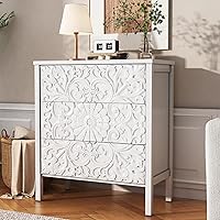 PHOYAL 3-Drawer Modern Wooden Flower Motif Dresser Chest - Spacious Storage Nightstand for Bedroom Living Room Hallway, White