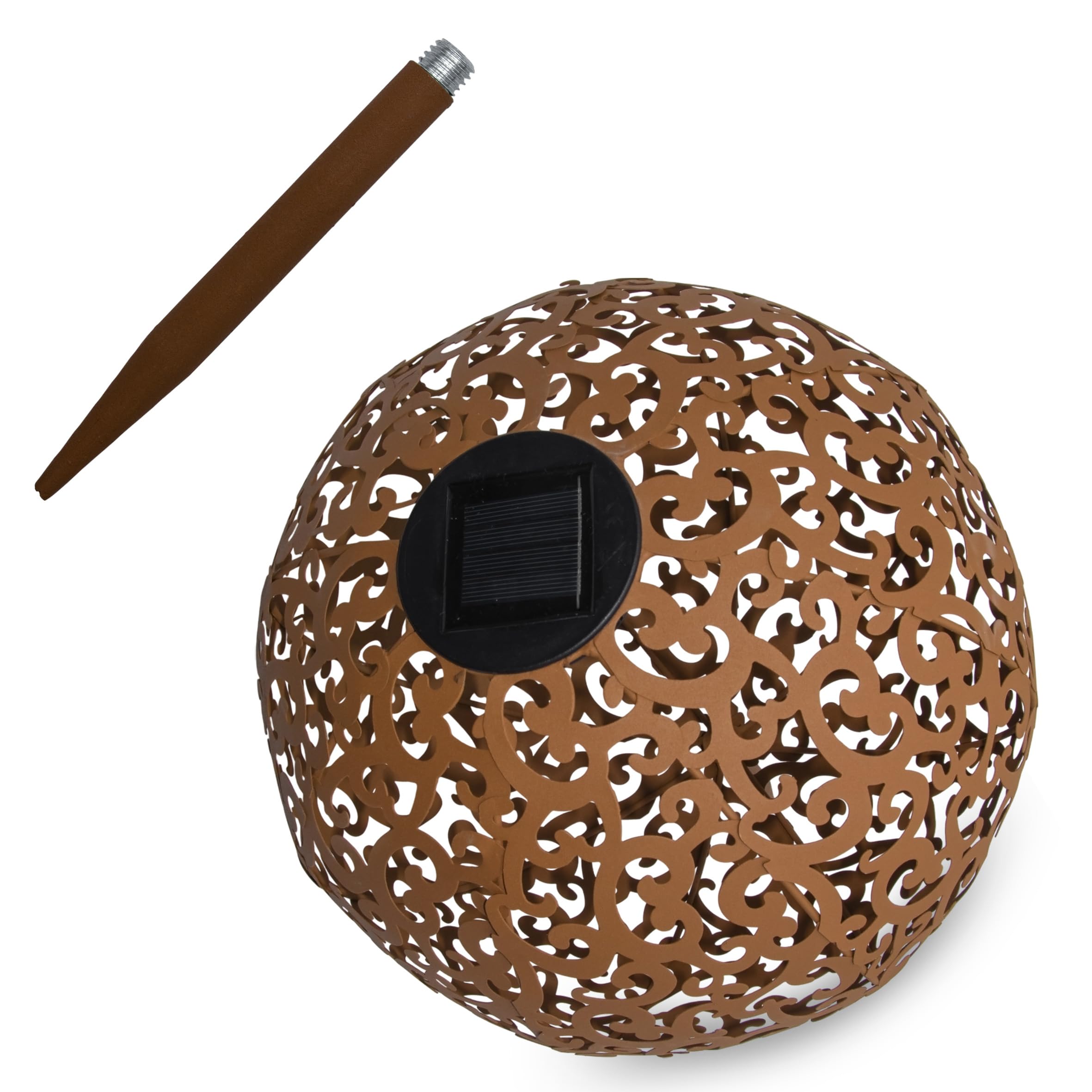 Boule décorative en métal - 28,5 cm - Solaire/lumineuse - Boule solaire blanc chaud aspect rouille
