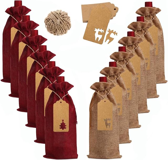Fantasyon 12 Pcs Burlap Wine Gift Bags, Natural Jute Wine Bottles Gift Bags with Drawstring Tags for Wedding Christmas Party