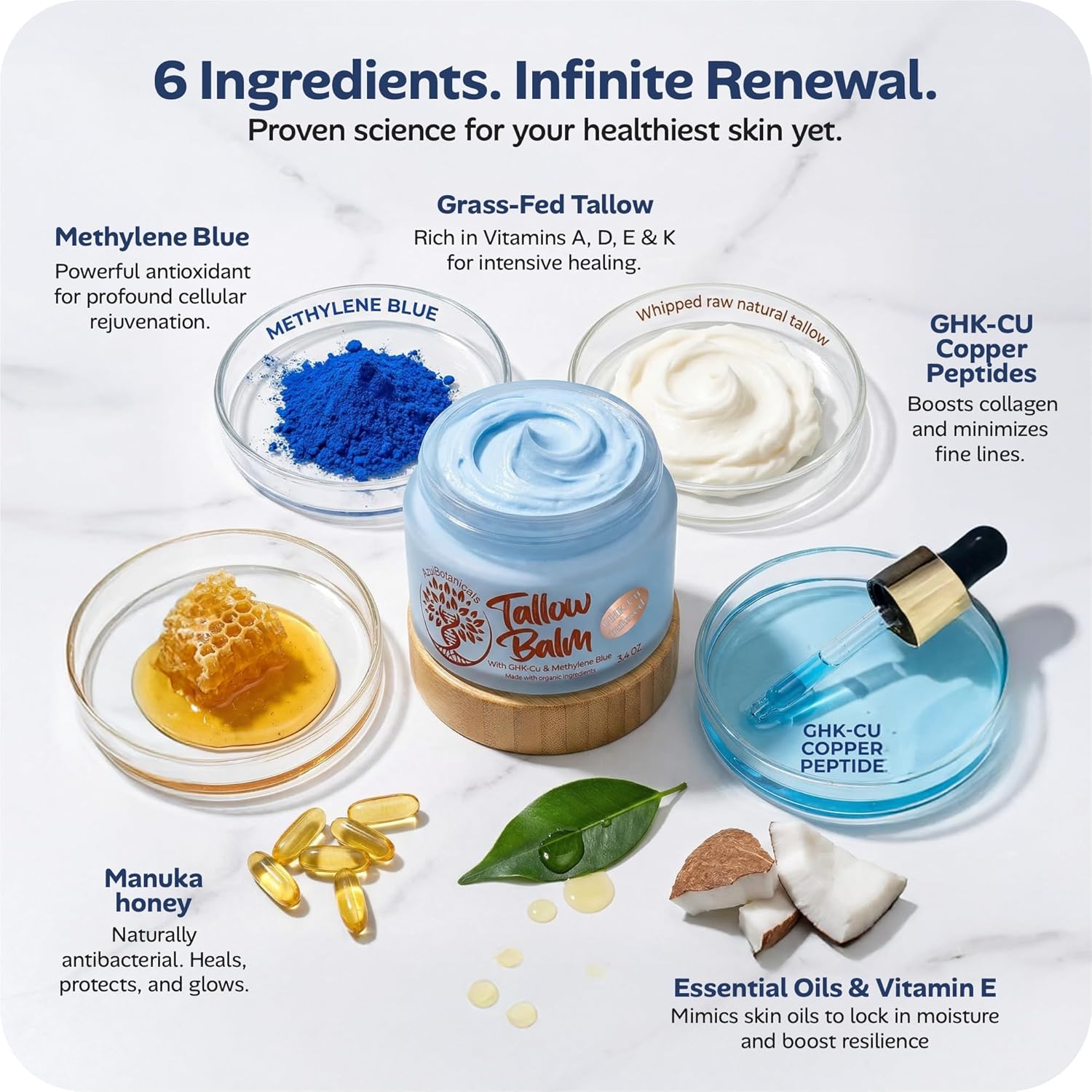 Skincare Copper Peptide GHk-Cu & Methylene Blue Infused Whipped Grass Fed Tallow Balm, Fine lines, Wrinkles, Eczema, Acne, Full body Moisturizer, For All Skin (1.7 oz)