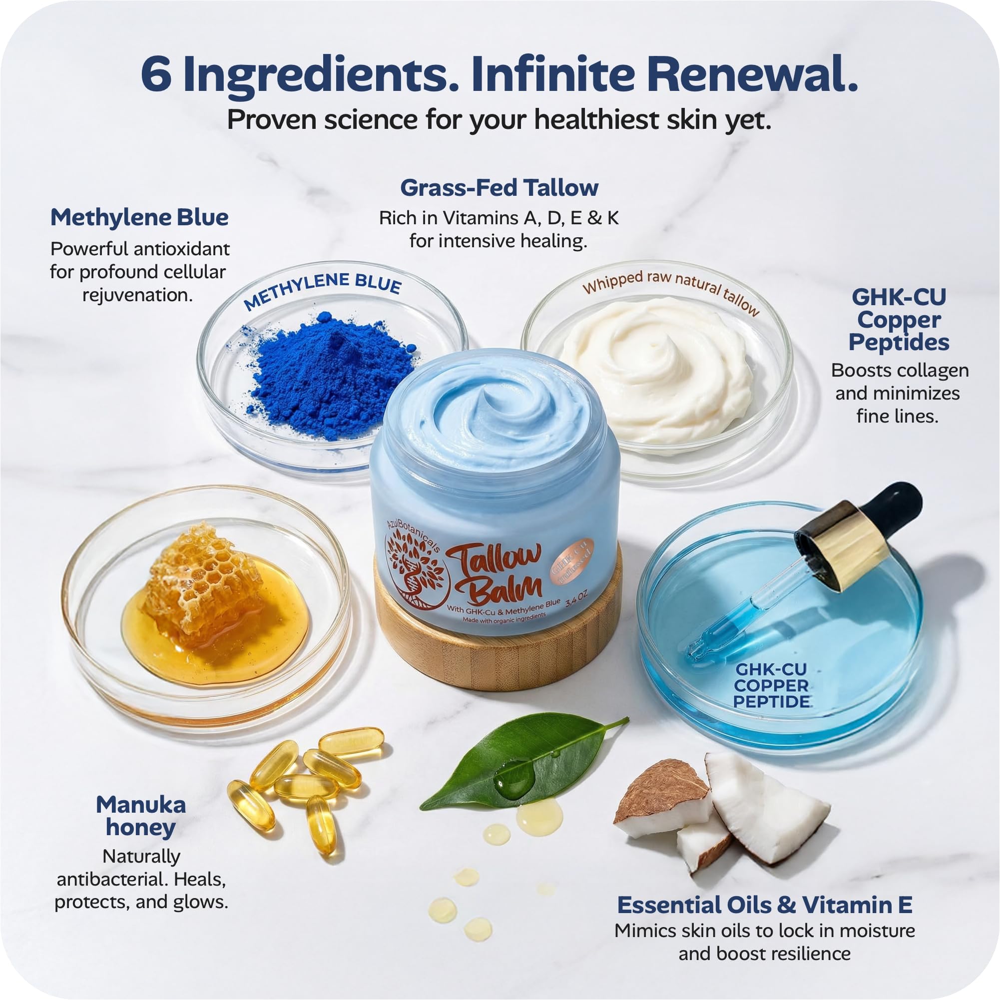 Amazon.com : AzulBotanicals Copper Peptide GHk-Cu & Methylene Blue Infused  Whipped Grass Fed Tallow Balm, Fine lines, Wrinkles, Eczema, Acne, Full  body Moisturizer, For All Skin (1.7 oz) : Beauty & Personal