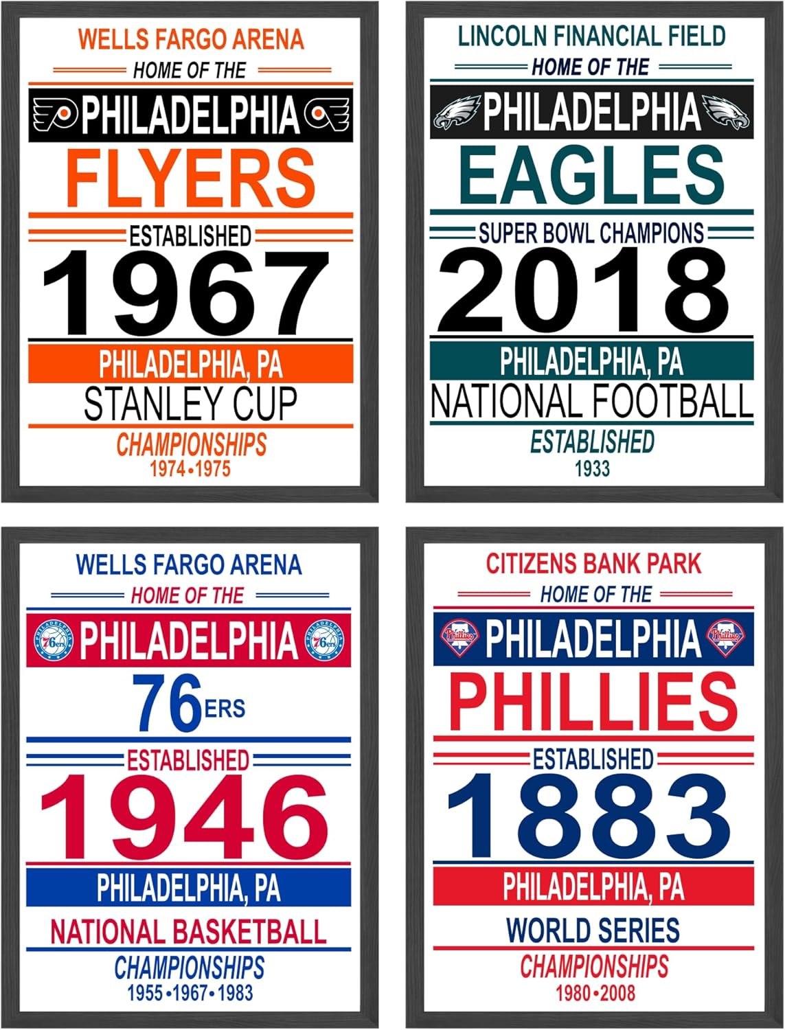 TnT Prints Philadelphia Sports Poster, Phillies Wall Decor, Philadelphia Phillies, 76ers Poster, Philadelphia Flyers Wall Decor - Phillies Wall Art - Unframed Set of 4 (11x14)