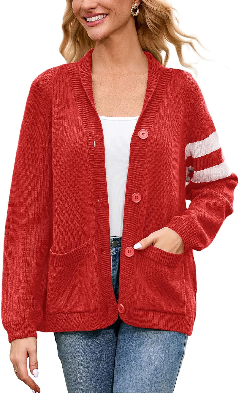 Women's American Flag Cardigan Long Sleeve Shawl Collar Button Down Fall Chunky Knit Varsity Sweater