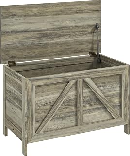 HOMCOM 30" Farmhouse Storage Bench, Lift Top Storage Chest with Safety Hinge to Open Up 100°, Wooden Trunk for Bedroom, Entryway, Living Room, Gray