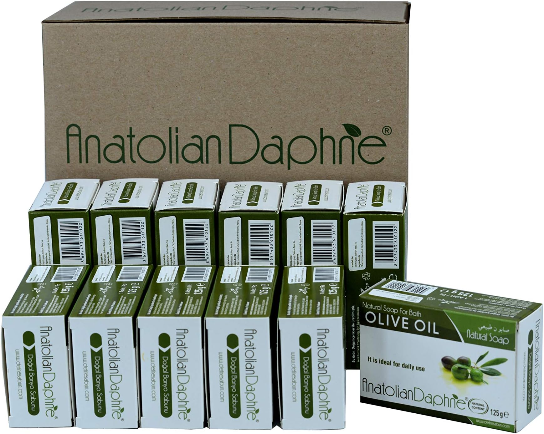100% Natural Olive Oil Soap 12 Piece Pack Handmade Unprocessed Vegan Body Bath Cleansing Bar Safe Hypoallergenic -Pine Tree Smell- Ideal Gift