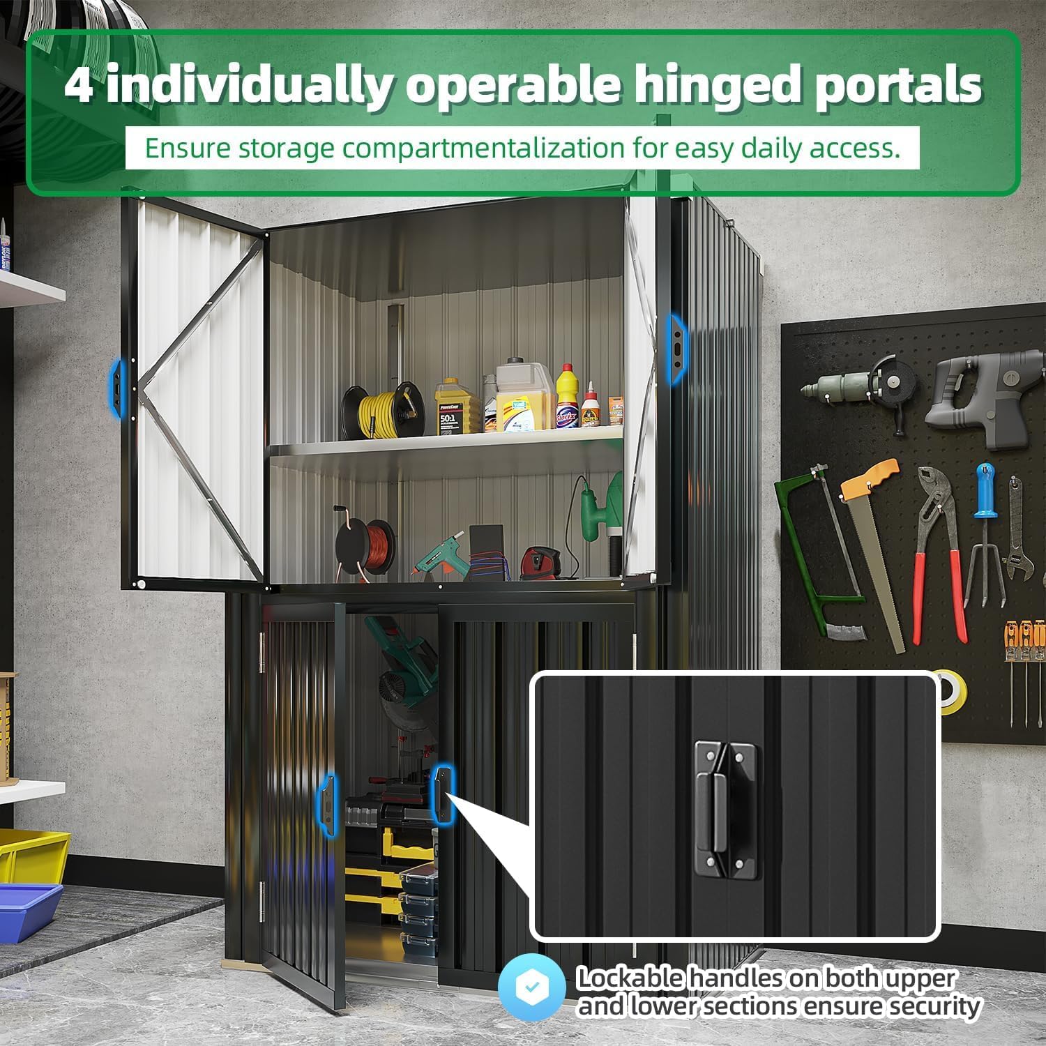 Close-up of the cabinet's four individually operable hinged portals and lockable handles