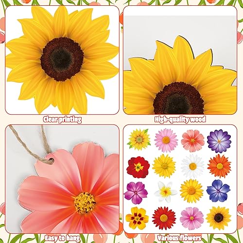 Miniatura 3 de 48 adornos de madera de flores para primavera y verano, decoración colgante de madera, recortes de madera de girasol para primavera y verano,