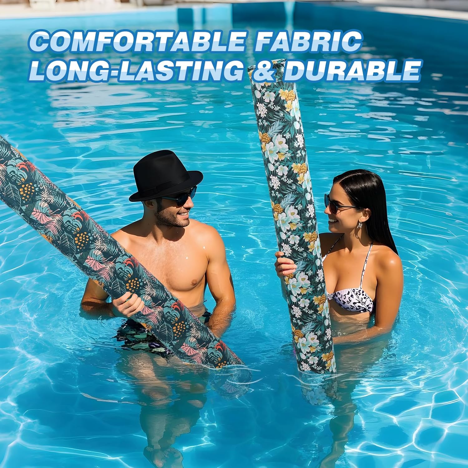 2 Pack Inflatable Swim Pool Noodles, Premium Fabric-Covered Swim Floats for Adults, 56 '' Swimming Pool Noodles for Floating, Adults Pool Accessories for Ocean, Lake, Beach