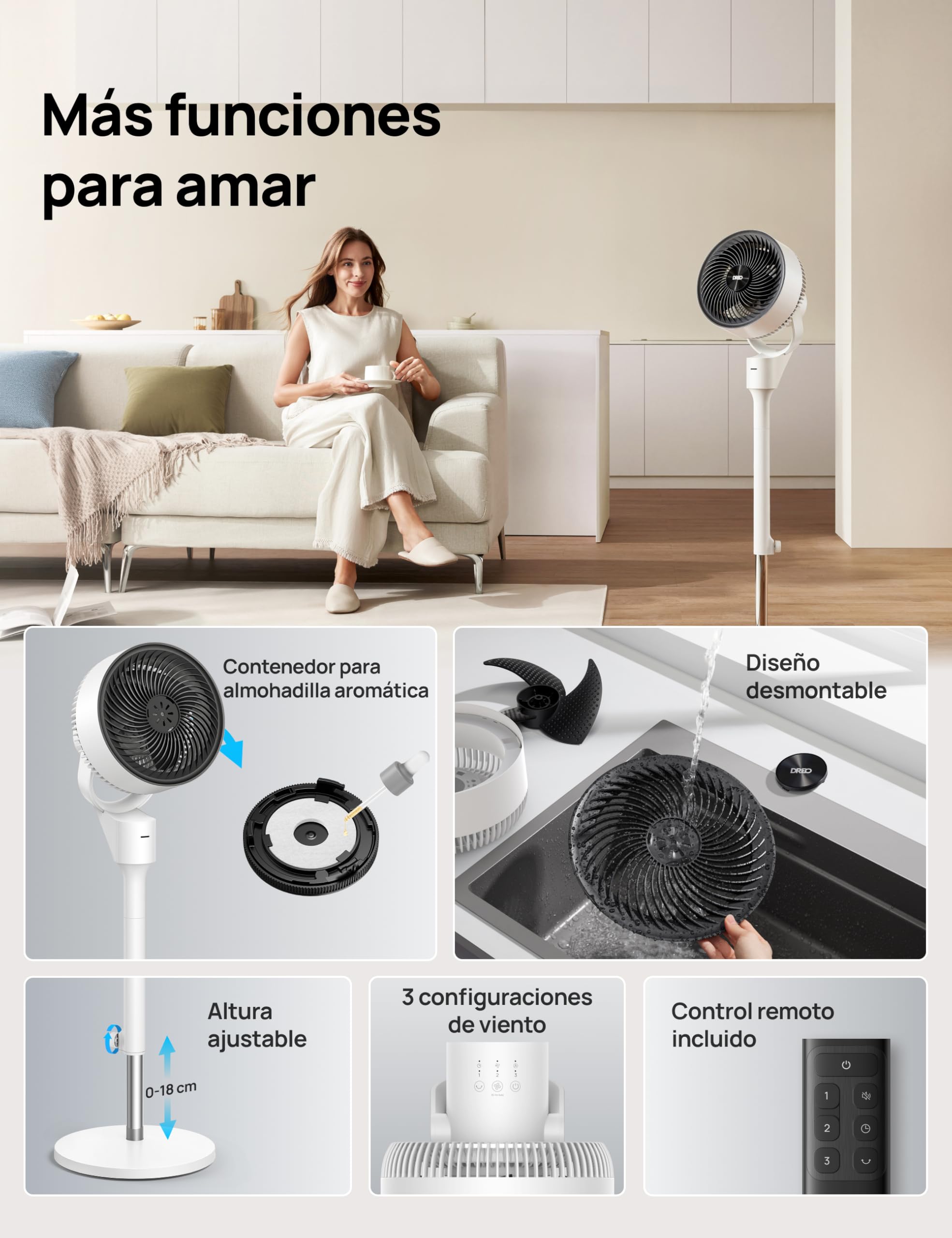 Dreo Ventilatore a Piantana Silenzioso 25dB, Oscillazione Orizzontale Automatica 80°, 3 Velocità, Portata fino a 24m, Potente con Telecomando, Inclinazione Verticale Manuale 90°, Timer 6 Ore