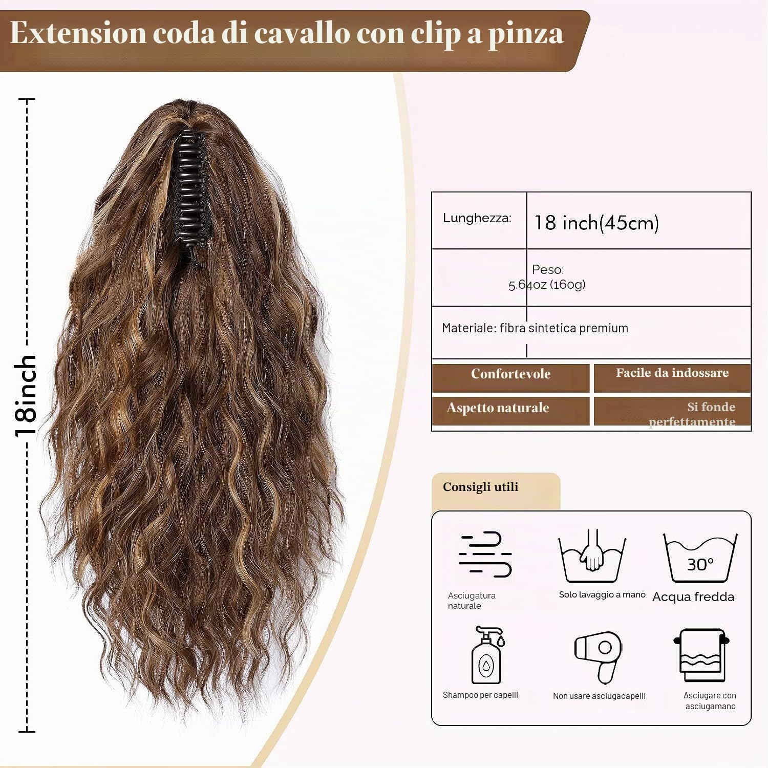 PORSMEER Extension di capelli sintetici naturali con clip, 45 cm di lunghezza, capelli sintetici naturali da donna