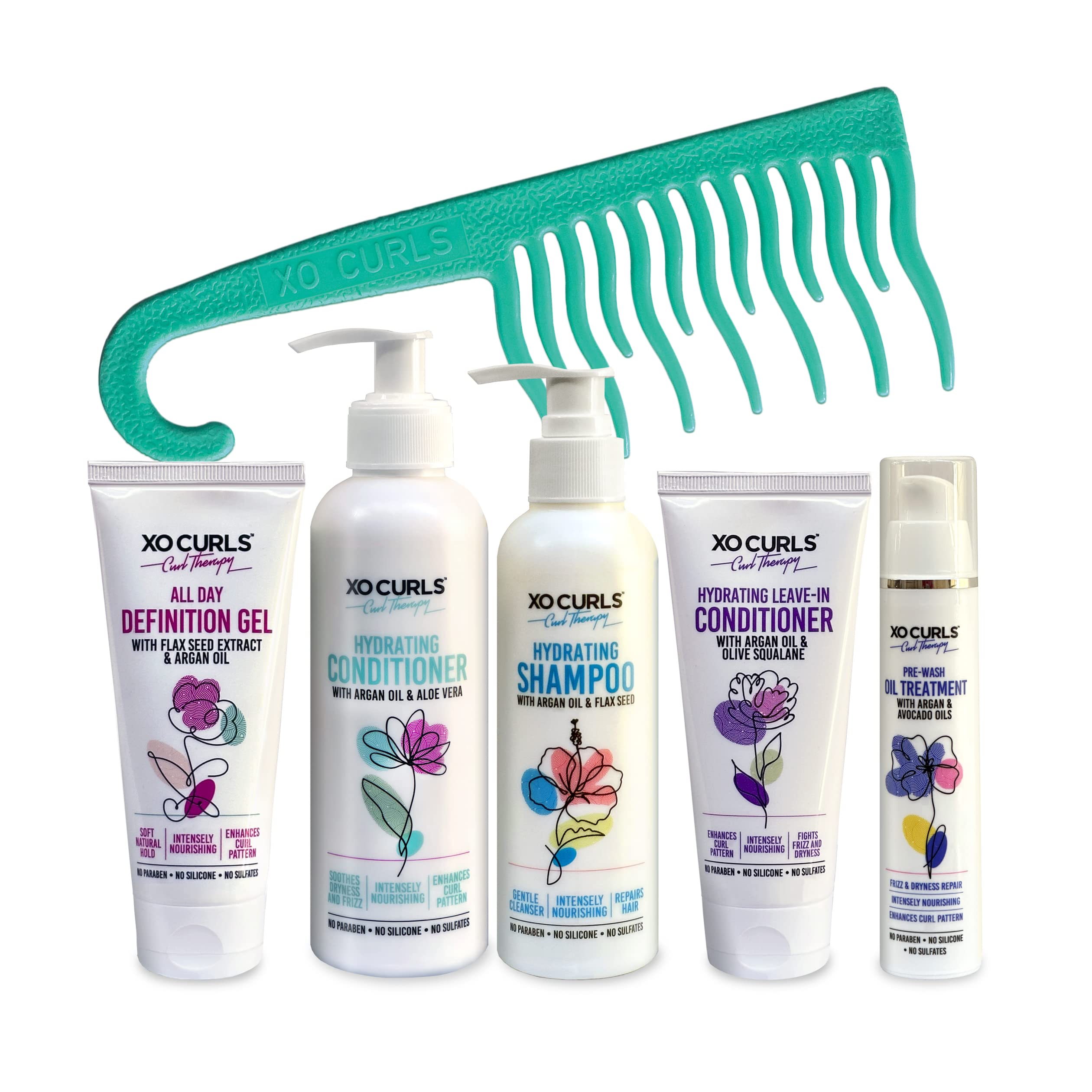 Curl Therapy COMBO, with Pre-Wash Oil, Shampoo, Conditioner, Leave In Conditioner, Definition Gel and Comb for frizz-free, soft natural curls