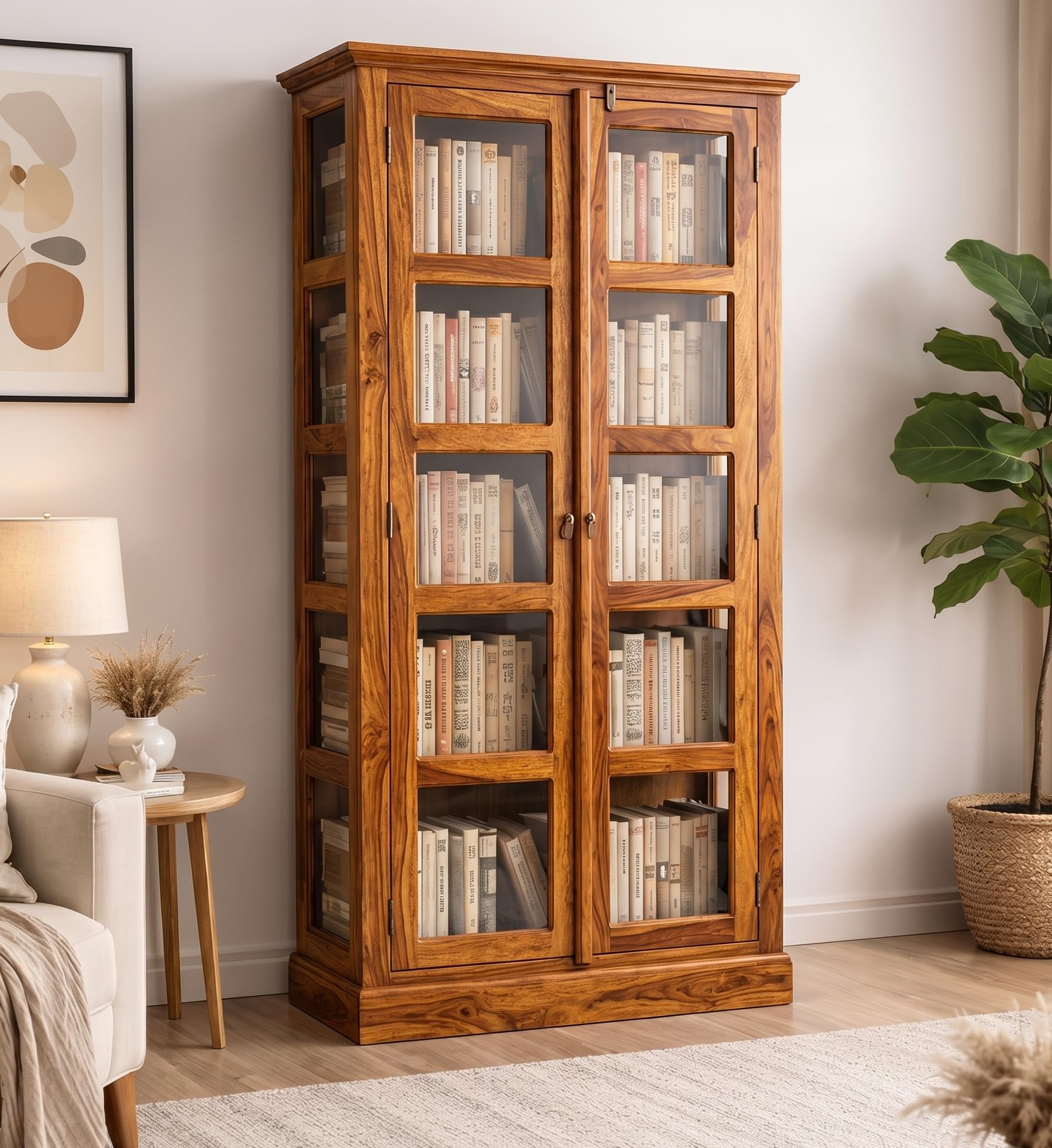 MAYA DECOR Sheesham Wood Bookshelf with Glass Door | Solid Wooden Display Storage Unit | Tall Bookcase for Living Room, Study & Office | Natural Finish