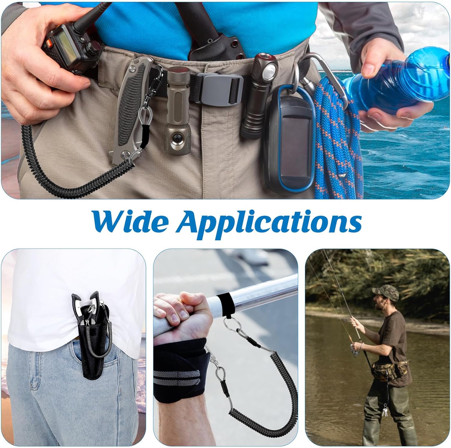 6 PCS Fishing Lanyards, Safety Retractable Coiled Lanyard Spring Coil Cord Keychain, Fishing Tool Tether Steel Wire Coiled Lanyard with Carabiner and Split Ring for Pliers Boating Kayak Pliers Boating - Image 4