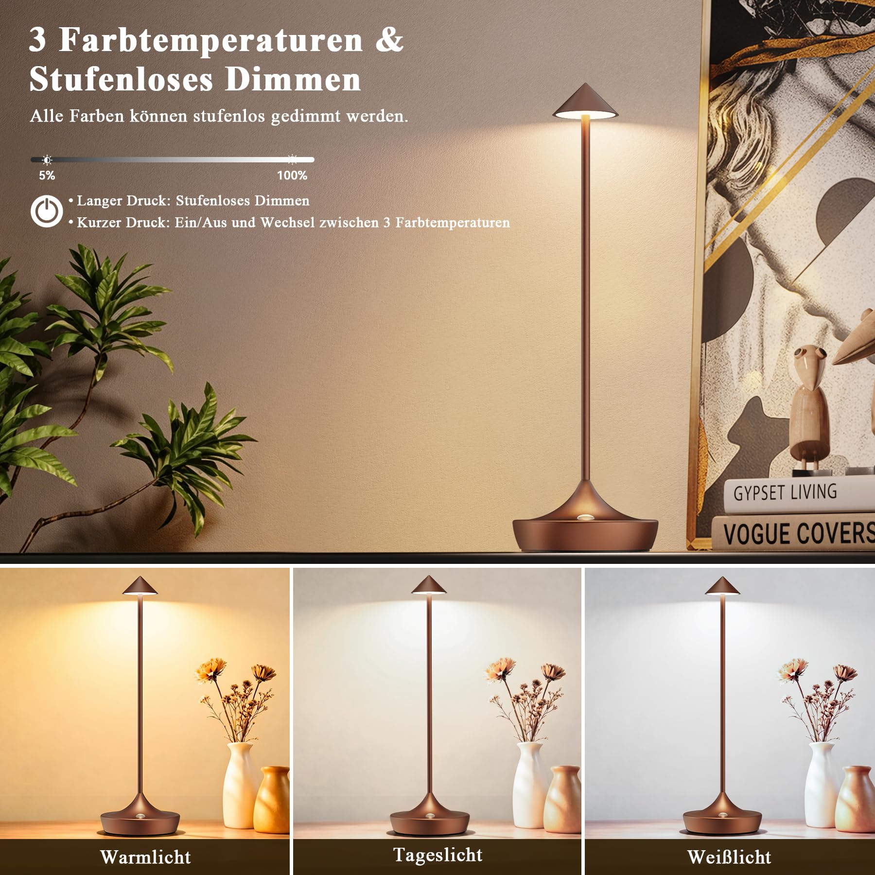 Bonsery LED Nachttischlampe 2er Set Braun, 3 Farbtemperatur Tischlampe Kabellos mit 6000mAh Akku & Wasserdicht, Touch Dimmbar Tischleuchte Aluminium für Innen & Außen, Geschenke für Frauen Mütter
