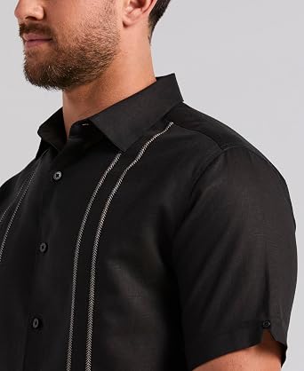 Cubavera Men's Embroidered Panel Short Sleeve Linen-Blend Shirt