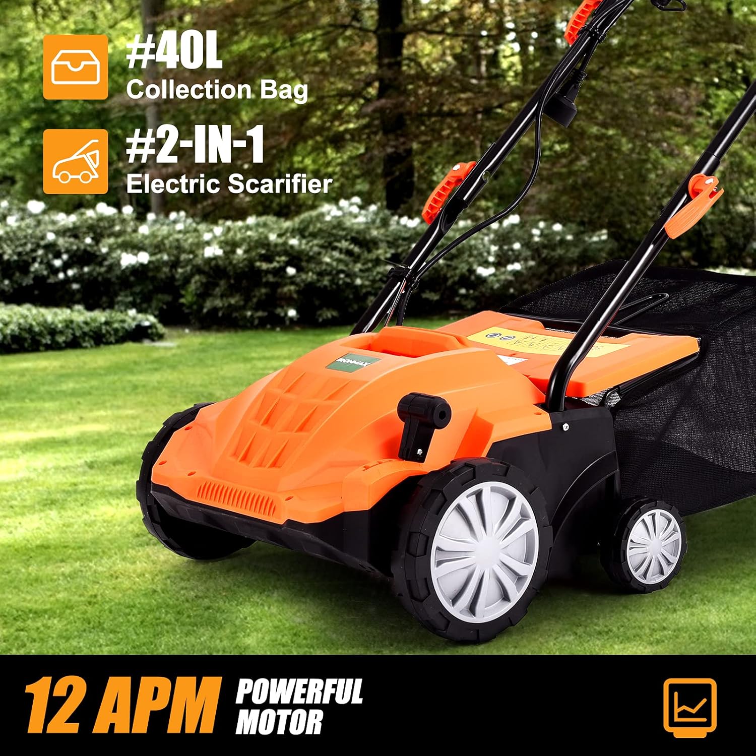 ARNOT Lawn Dethatcher & Scarifier, 2-in-1 Electric Corded Lawn Dethatcher, 13-Inch 12Amp Lawn Scarifier, 3-Position Raking Depth, w/40L Collection Bag & 2 Removable Blades, Orange