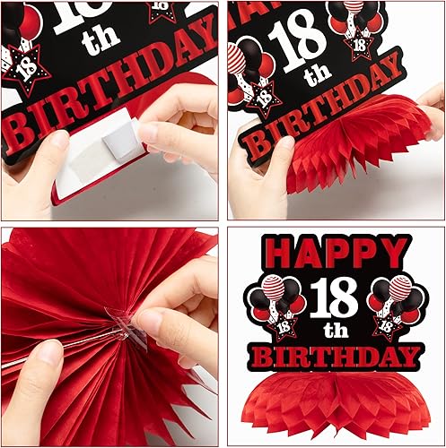 Miniatura 3 de WATINC Juego de 26 decoraciones de fiesta de cumpleaños rojo y negro de 18 piezas, decoración de cumpleaños de 18 años, pancarta colgante