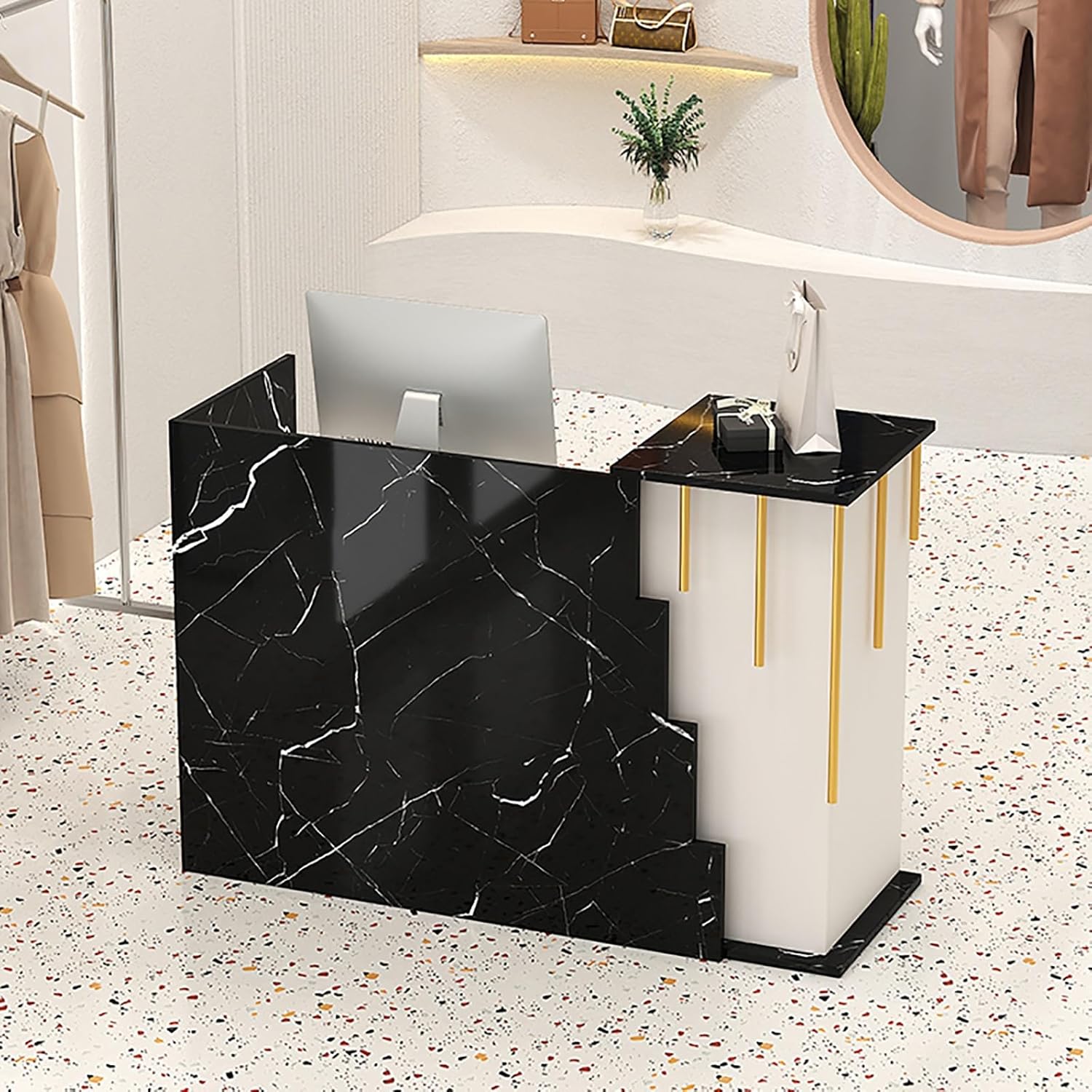 Modern Wooden Multi-Purpose Desk Reception Table with Lockable Drawer for Office, Lobby, Beauty Salon, Clothing Store (Black White, 80x45x90cm)
