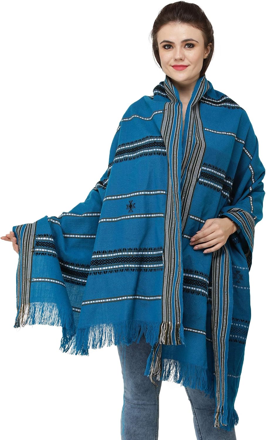 Exotic India Shawl from Nagaland with Woven Border and Thread Weave - Pure Wool
