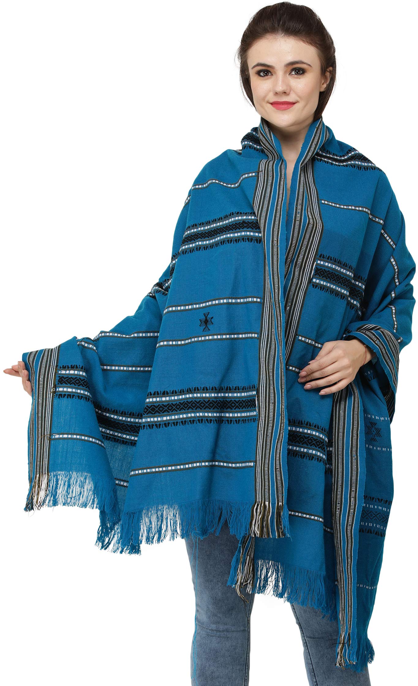 exotic india Women's Shawl from Nagaland with Woven Border and Thread Weave Pure Wool Shawl (SWF17--caviar-black)-picture-30