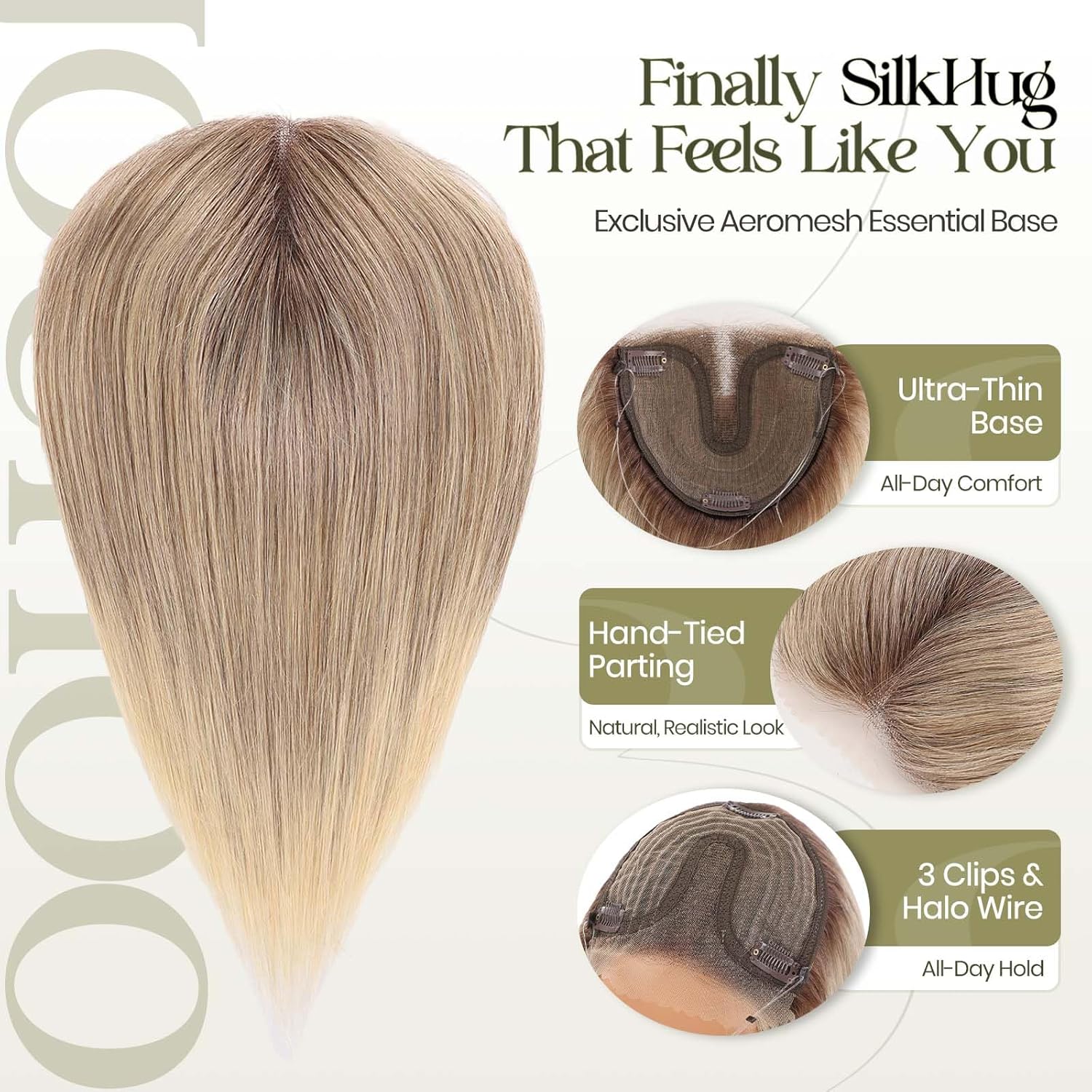 Real Human Hair Topper 12 Inch 55g, 5"x6" Aeromesh Essential Base, Invisible Lace Front, Halo Wire Secure Fit,Topper Hairpiece Human for Women, Ombre Grey Blonde with Light Blonde(T4/4/613#)
