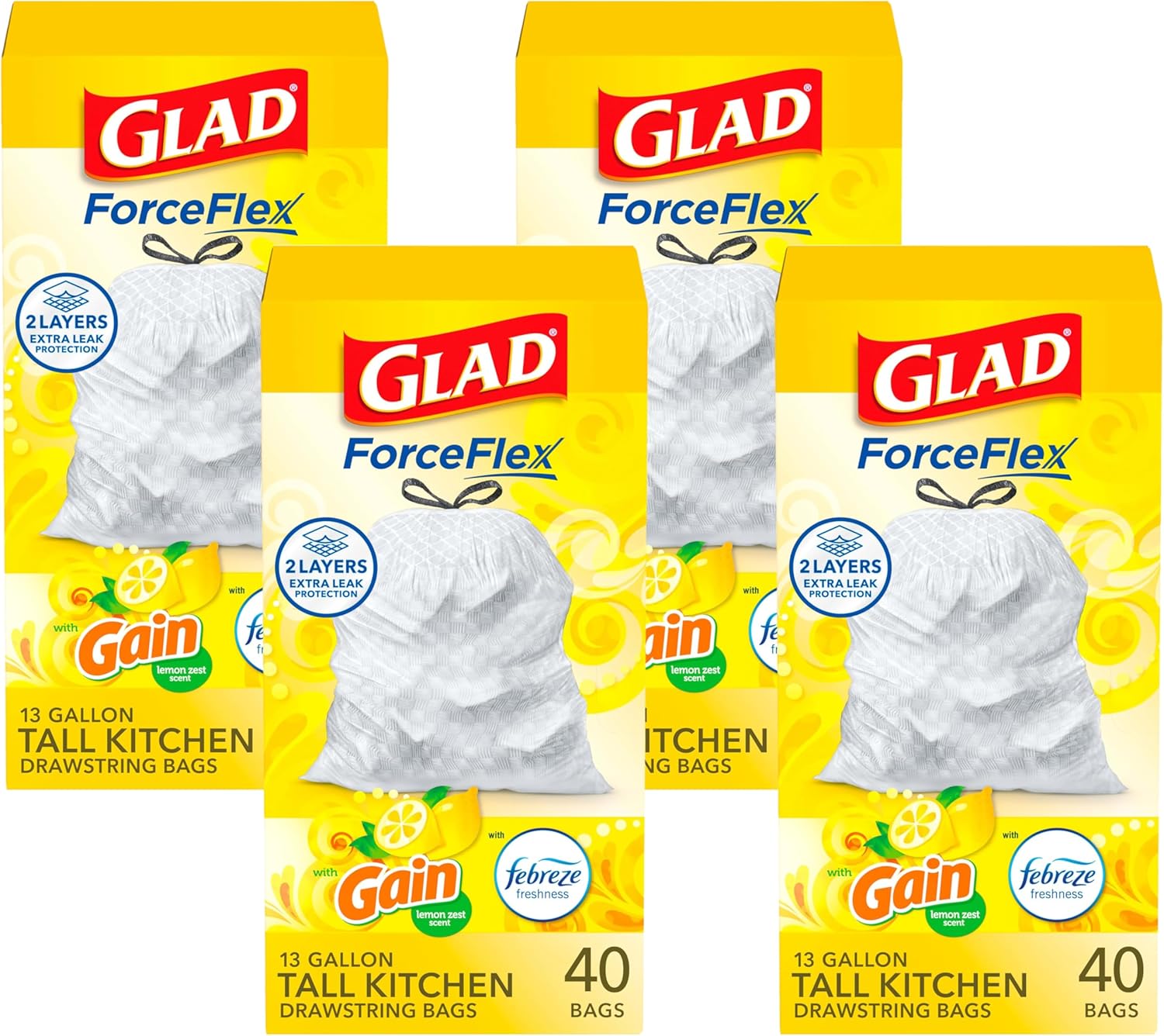 Glad Trash Bags, ForceFlex Tall Kitchen Drawstring Garbage Bags, Citrus & Zest, 13 Gal, 40 Ct (Package May vary) (Pack of 4)