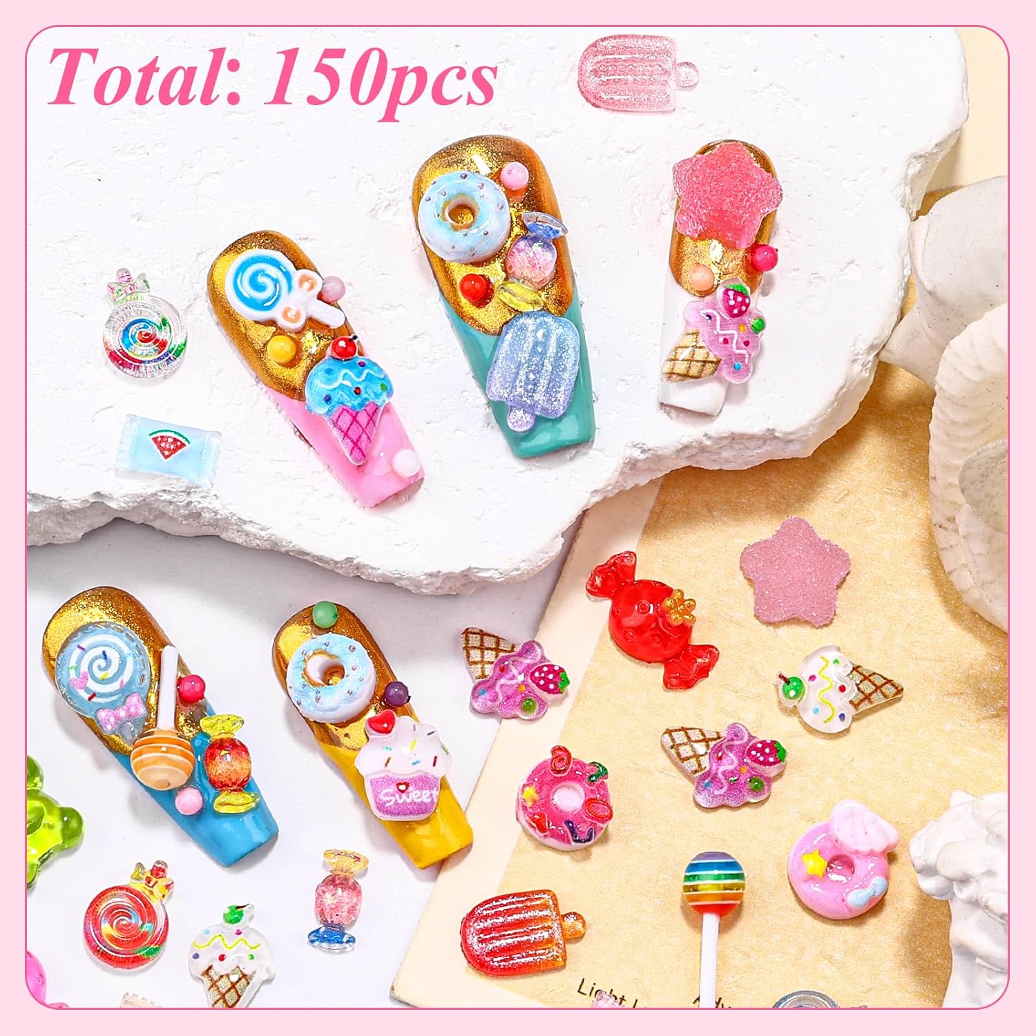 3D Candy Nail Charms, Multi Color Sweet Lollipop Donuts Doughnut Gummy Star Heart Bears Cute Candy Jewelry Nail Charms with Pickup Tools for Nail Art DIY Decorations Design