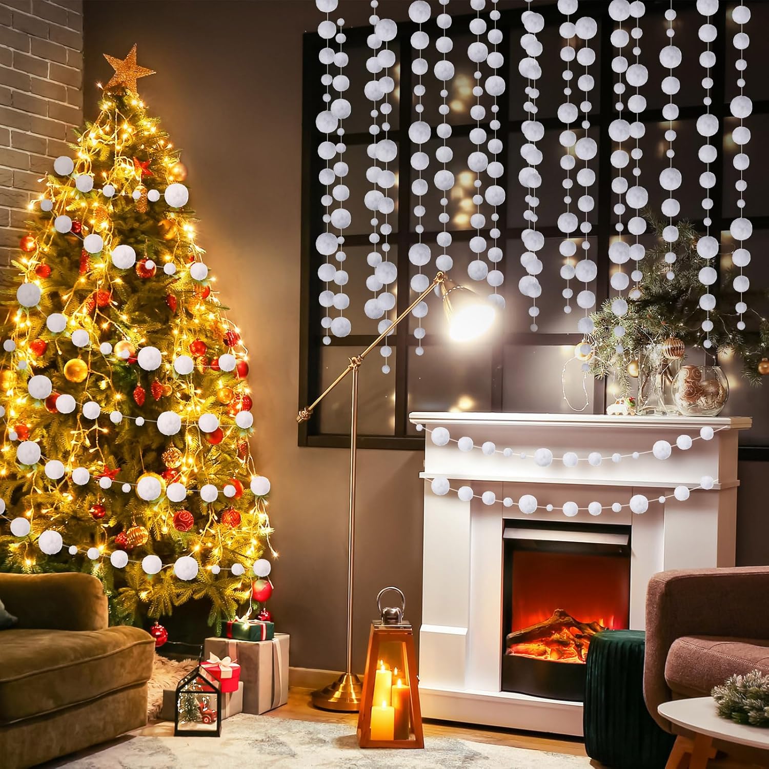 Tegeme 48 Pcs Winter Snowball Garland 6.5 Feet White Pom Pom String Garland Winter Party Wonderland Decoration Snow Ball Hanging Banner White Snowball Decor for Ceiling Tree Holiday Party Wall Home