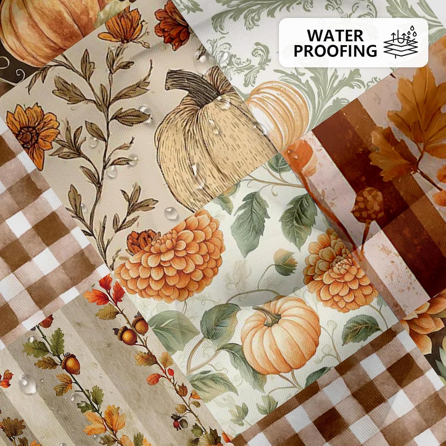Fall Shower Curtain,Autumn Checker Floral Pumpkins Shower Curtain Set,Waterproof Retro Farmhouse Patchwork Floral Shower Curtains for Fall Home Decor with 12 Hooks，72" x 72"