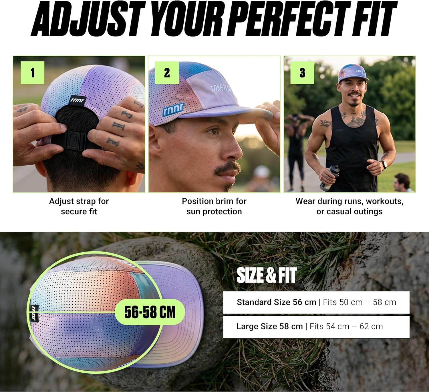 rnnr Pacer Hat Lightweight Breathable Quick Dry Performance Cap with Perforated Panels Adjustable Fit for Training Running Outdoor, Washed Up, 56 cm Standard