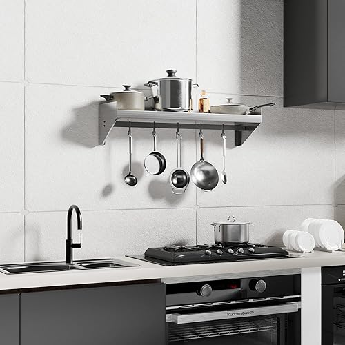 Miniatura 7 de Halamine Estante de acero inoxidable de 36 x 12 pulgadas, estante de pared de acero inoxidable con 5 ganchos, estante de pared de cocina, estante