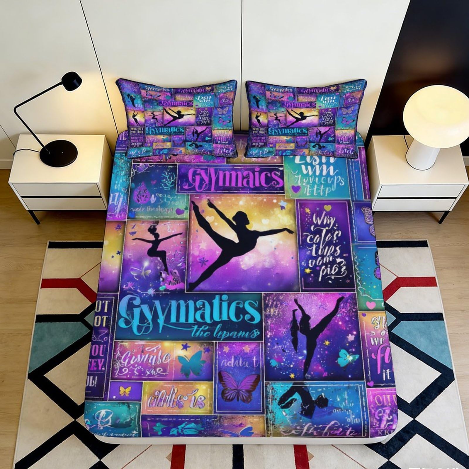 3D Printed Gymnastics Silhouette Fitted Sheet Microfiber Soft Vibrant Butterfly Bed Cover for Bedroom Dorm Decor 180x200x25cm