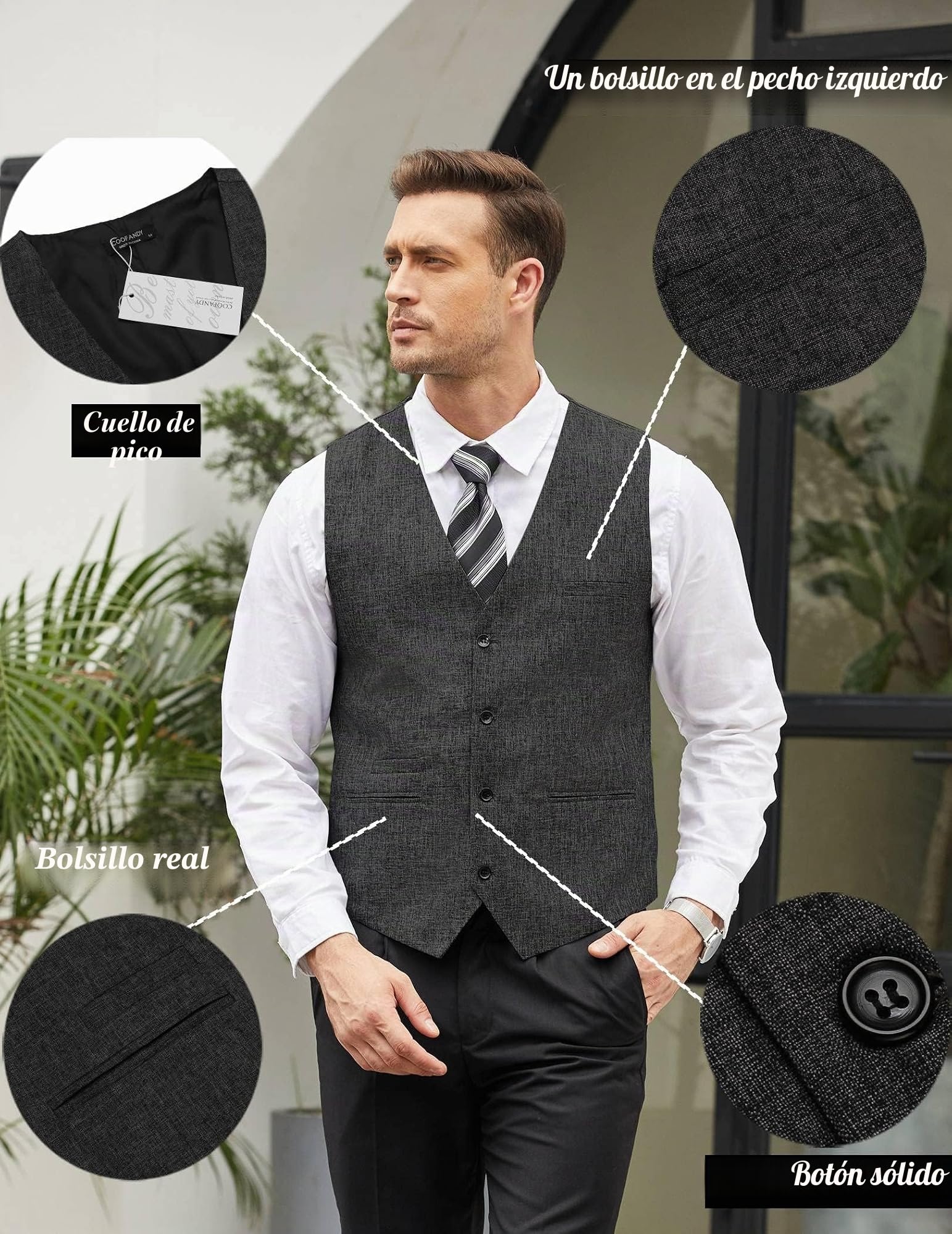 COOFANDY Chaleco informal para hombre, cuello de pico, formal, para fiestas, bodas