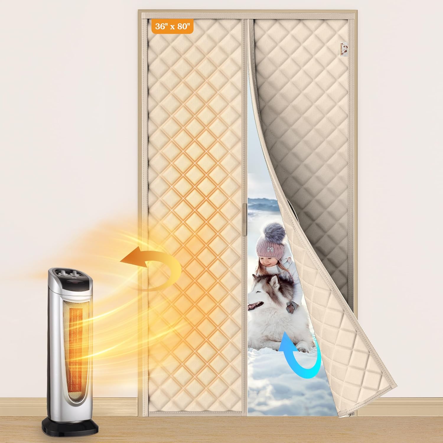 Yotache Magnetic Thermal Insulated Door Curtain Fits 36 x 80 inch Doors, Curtain Size 38" x 82" Weatherproof Oxford & Cotton Fill Door Covers to Keep Warm in Winter, Beige Fits Door Size 36"x80" Beige