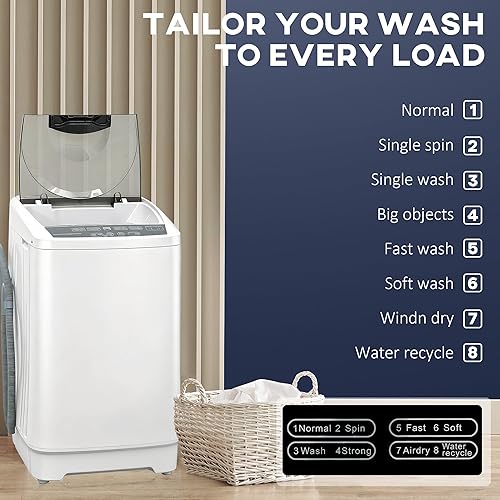 Miniatura 5 de HOMCOM Lavadora portátil, 1.3 pies cúbicos, lavadora compacta con 8 programas, 6 niveles de agua, pantalla LED y bloqueo para niños, lavadora