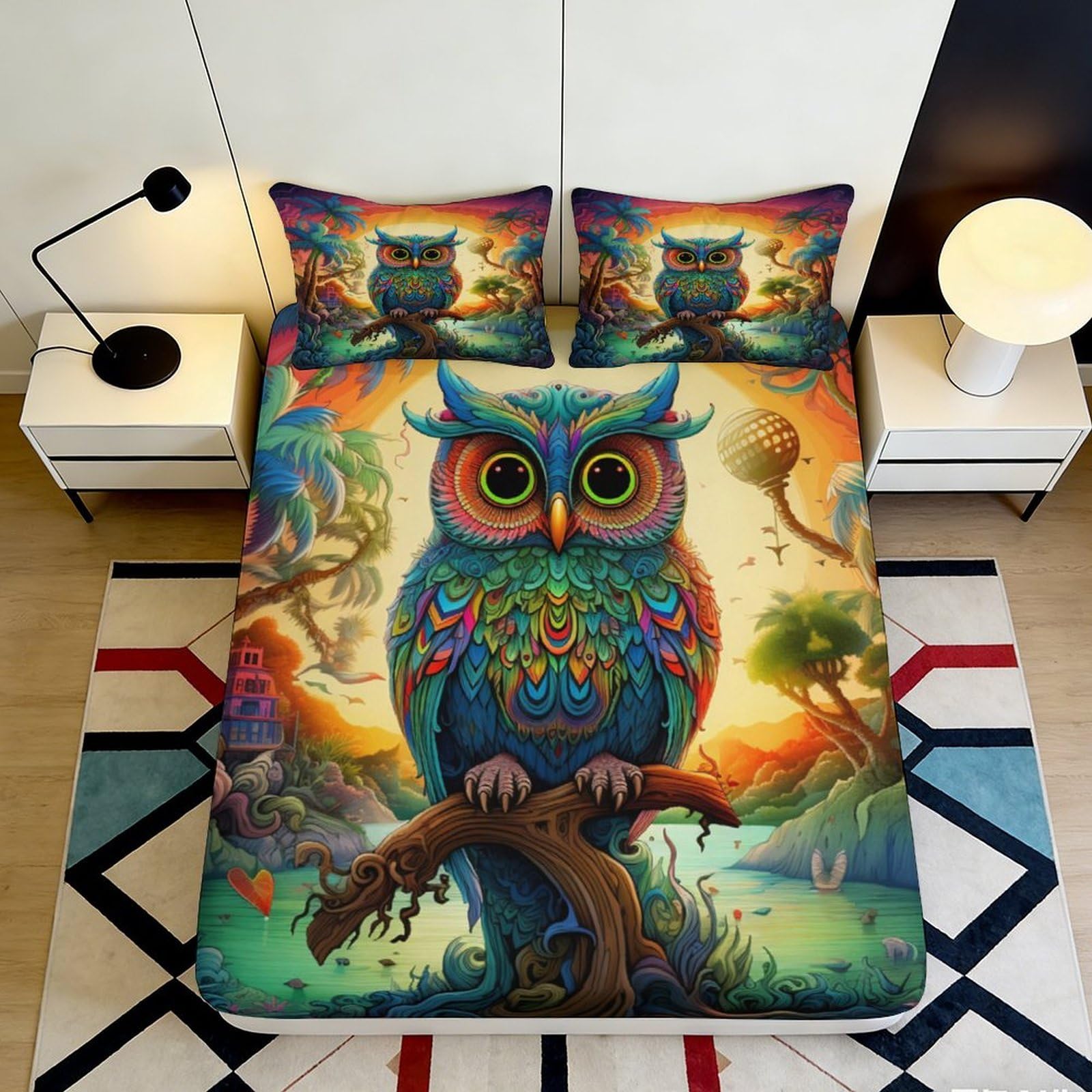 3D Printed Colorful Owl Fitted Sheet Microfiber Vibrant Fantasy Forest Bed Cover for Bedroom Guest Room Mattress Protection 160x200x25cm