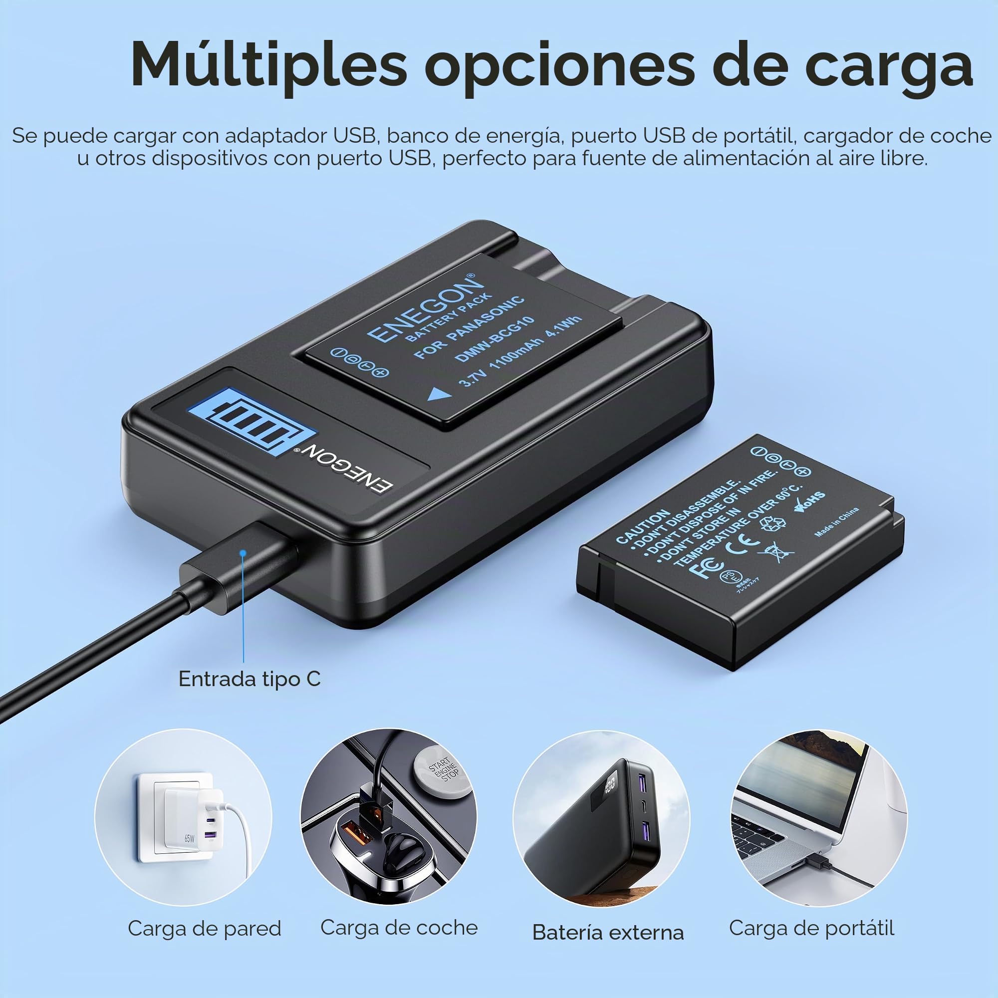ENEGON DMW-BCG10 - Lote de 2 Baterías de 1100mAh con Cargador y Cable USB-C para Panasonic Lumix DMC-ZS1, ZS3, ZS5, ZS6, ZS7, ZS8, ZS10, TZ7, TZ10, TZ19, TZ20, TZ30, ZR1, ZR3