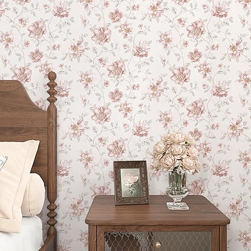 Miniatura 2 de WESTICK Papel tapiz autoadhesivo con diseño floral de rosas rosadas, autoadhesivo, extraíble, para paredes decorativas, dormitorio, baño, cuarto de
