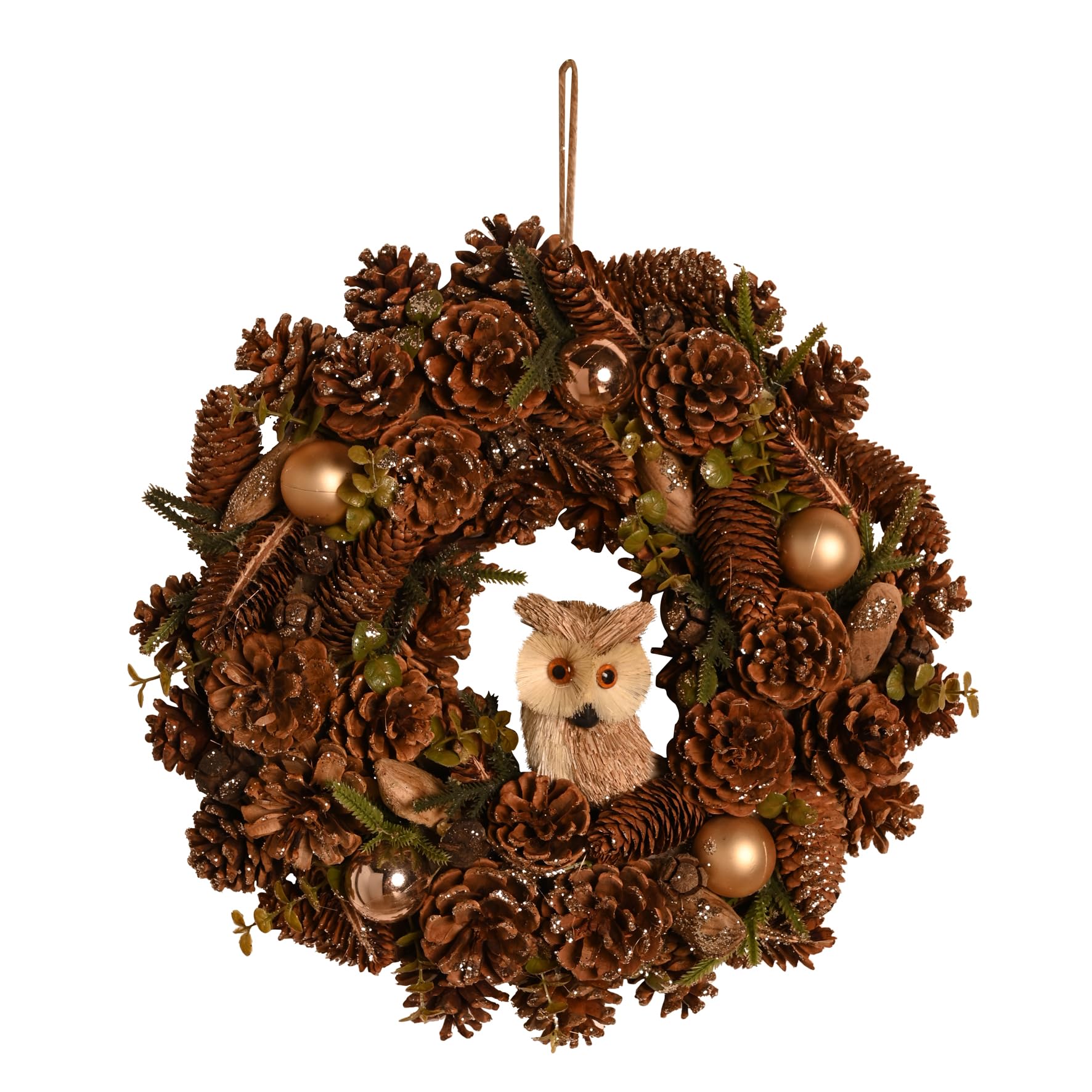 Widdop Gold Glitter Pinecone Christmas Wreath with Owl – 38cm Woodland Style Door Decoration with Natural Cones, Twigs & Greenery – Rustic Winter Wreath with Forest Charm