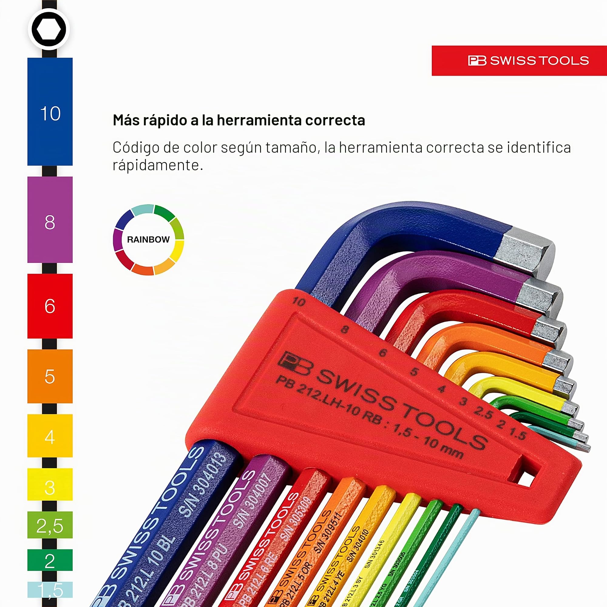 Pb Swiss - Juego de 9 Llaves Allen Hexagonales con Cabeza Esférica Patrón de Colores inchRainbow inch - Pb Swiss Tools