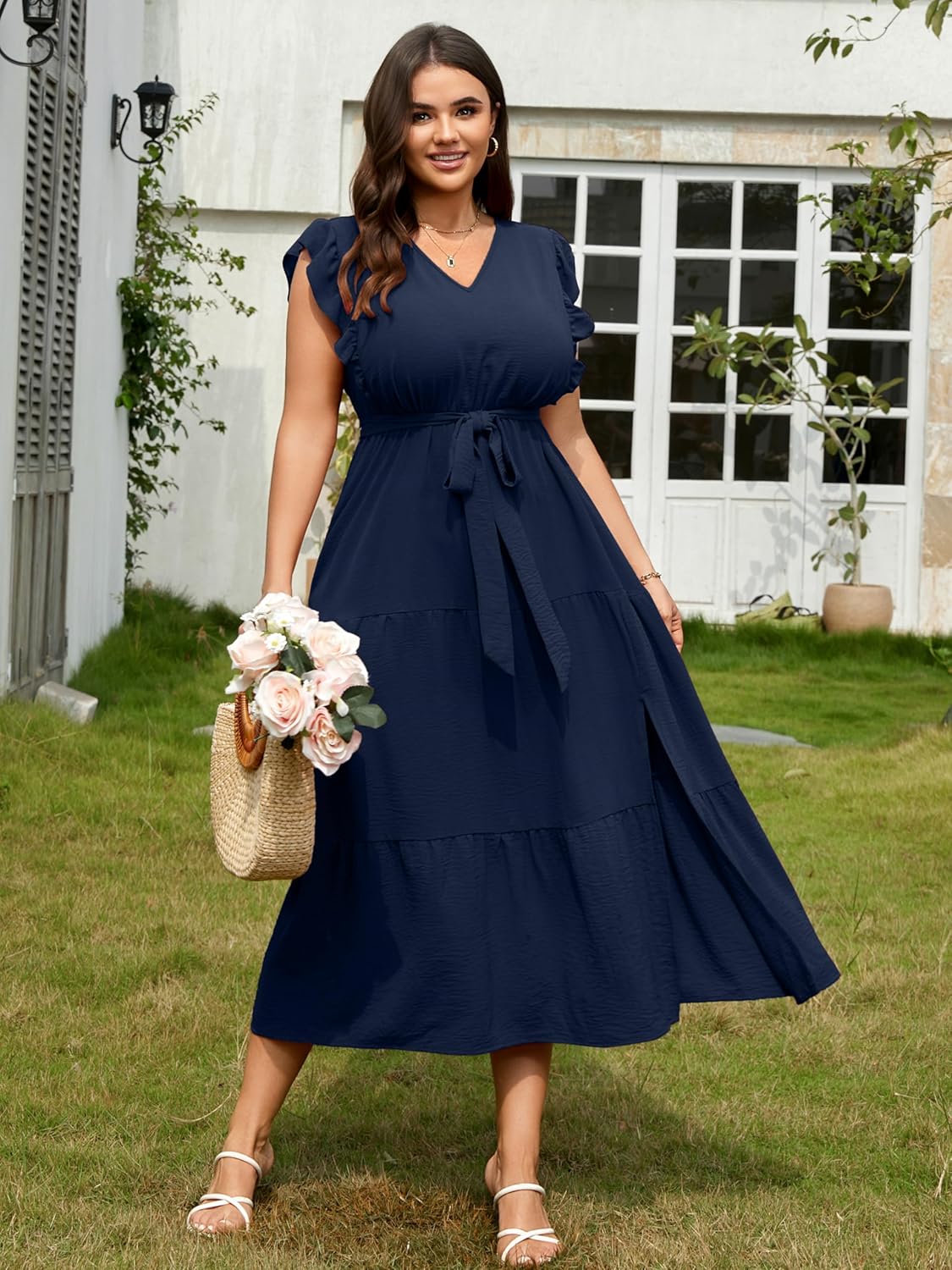 RWJ Women's Dresses for Wedding Guest Plus Size Cocktail Formal V Neck Summer Ruffle Sleeve Flowy Maxi Dress with Belt - Image 3