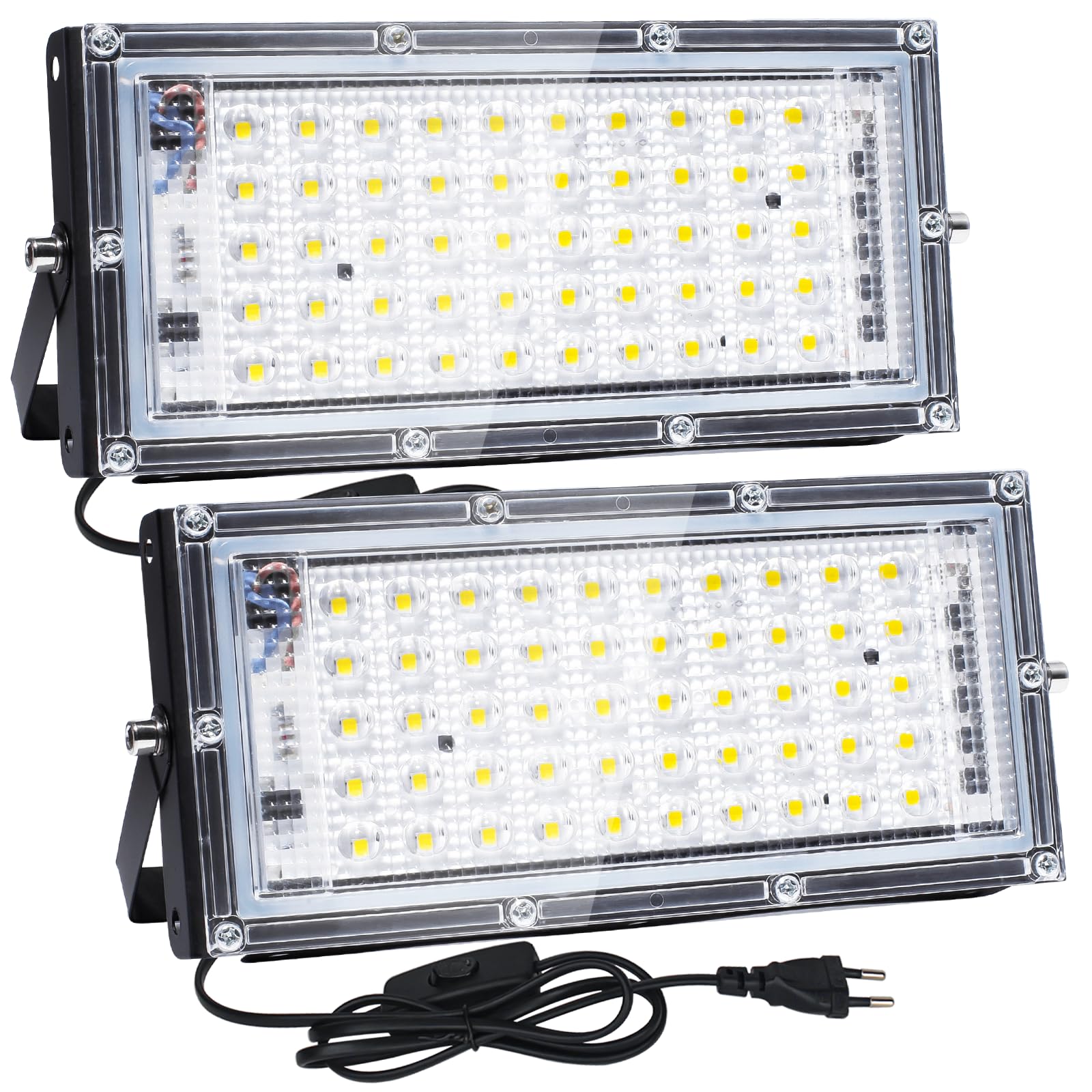 CREATESTAR LED Strahler Außen 50W, 2 Stücke 5000LM LED Fluter mit Stecker, 6500K Kaltweiß Außenstrahler mit IP65 Wasserdichtes für Türen, Flur, Garage, Hof und Garten