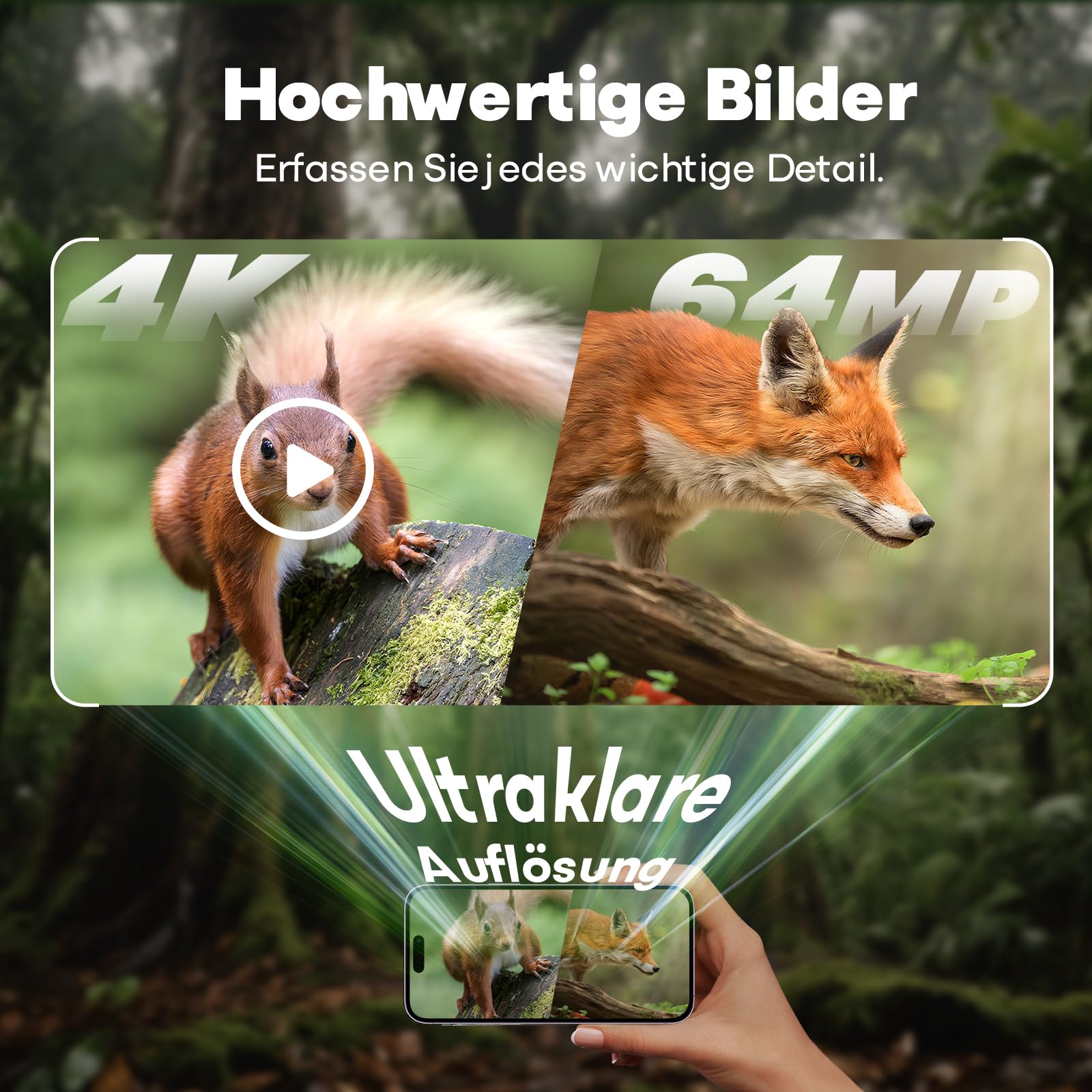 MAXDONE Wildkamera 4K 64MP WLAN Solar mit 6000mAh Akku & Bewegungsmelder Nachtsicht, IP66 Wasserdicht