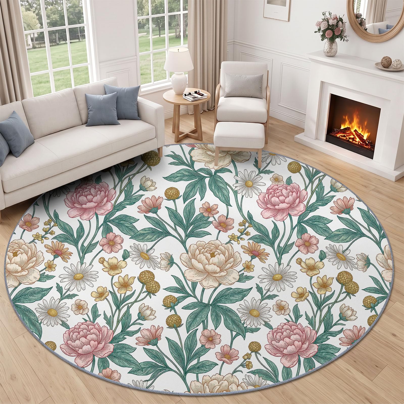 Alfombra redonda de 120 cm con diseño floral de peonía y margaritas blancas, para habitación de niños, lavable, alfombra de juegos para bebés, niños y niñas, alfombra suave antideslizante, color rosa