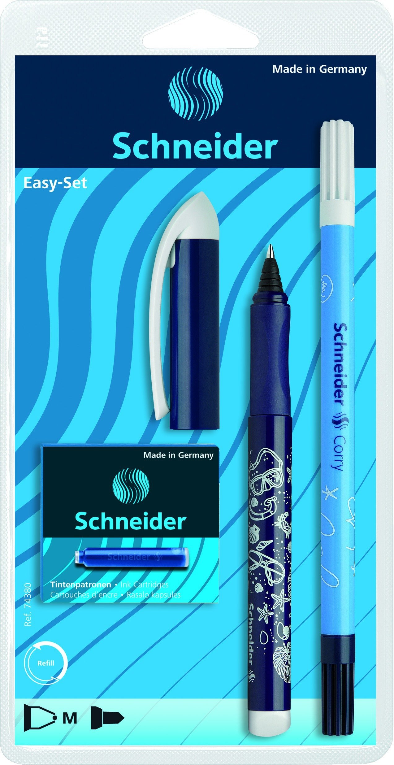 Schneider 74380 Blister avec 1 Roller Easy + 1 effaceur d'encre + 1 boîte de 6 cartouches d'encre bleue