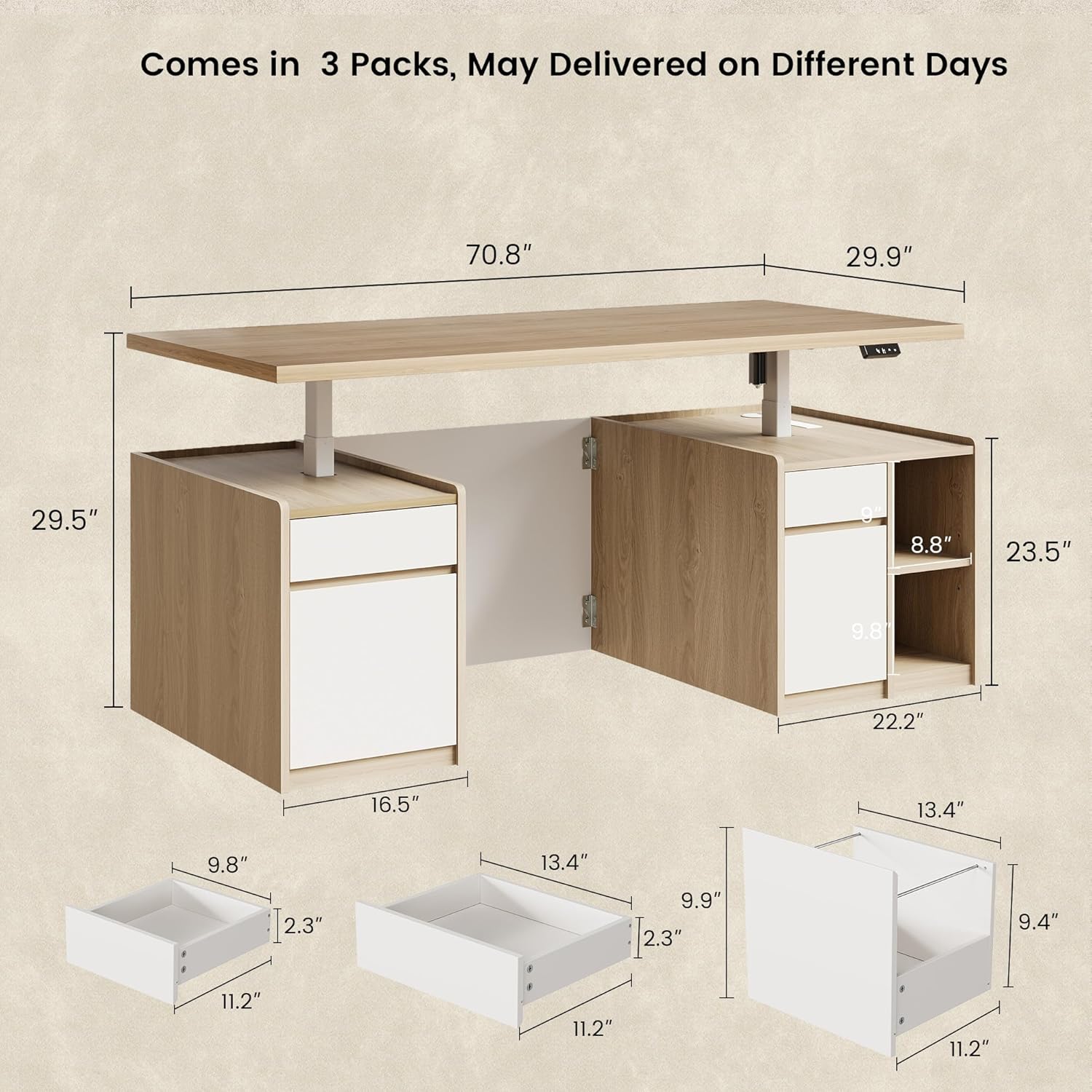 Furniture Set, 70.8'' Executive Standing Desk with 71'' Tall Bookcase, AC/USB, File Cabinet, Double-Sided Narrow Display Shelves, Home Office Wood Storage Furniture, Light Walnut