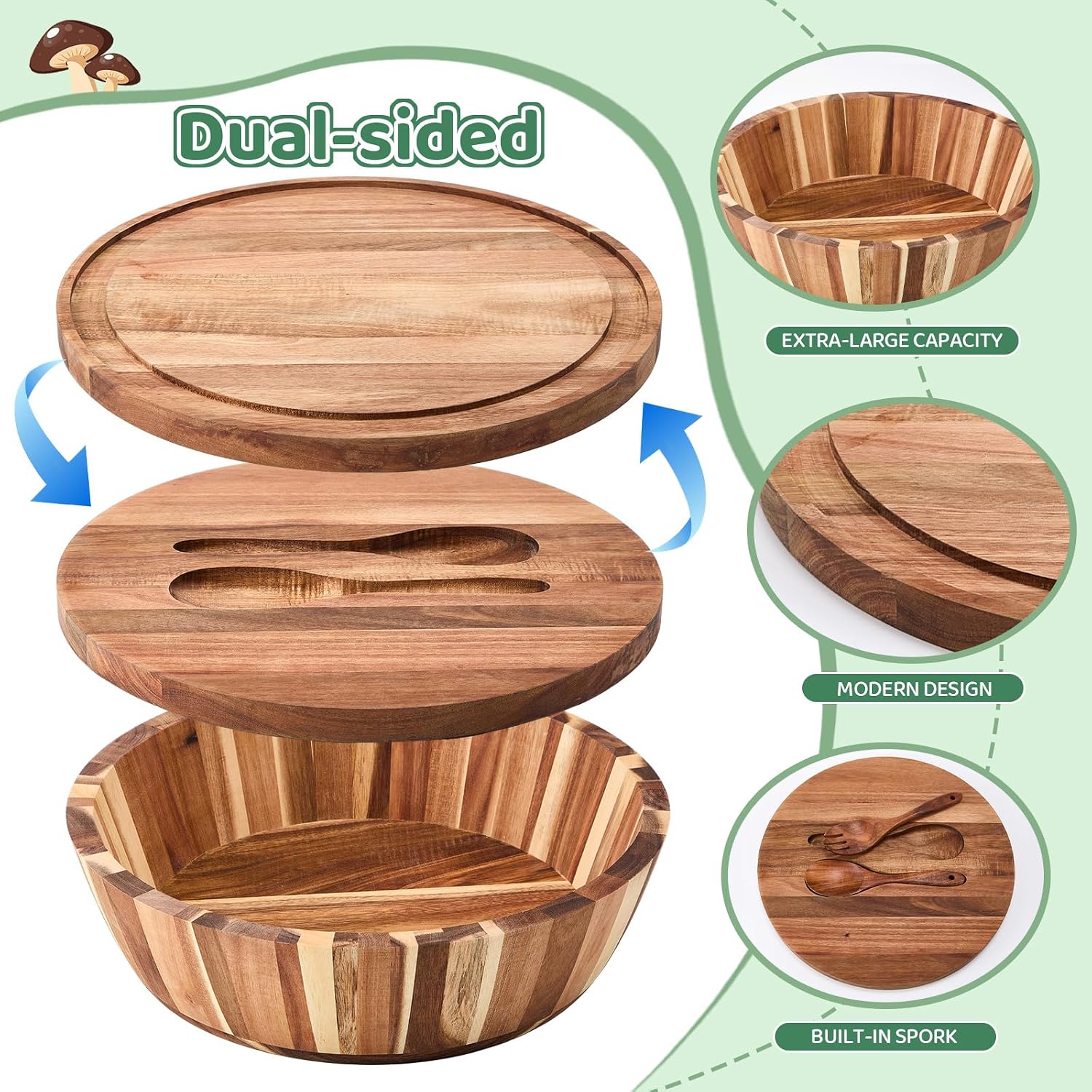 Geiserailie 14" Extra Large Acacia Wood Salad Bowl Set, 2-in-1 Serving Bowl