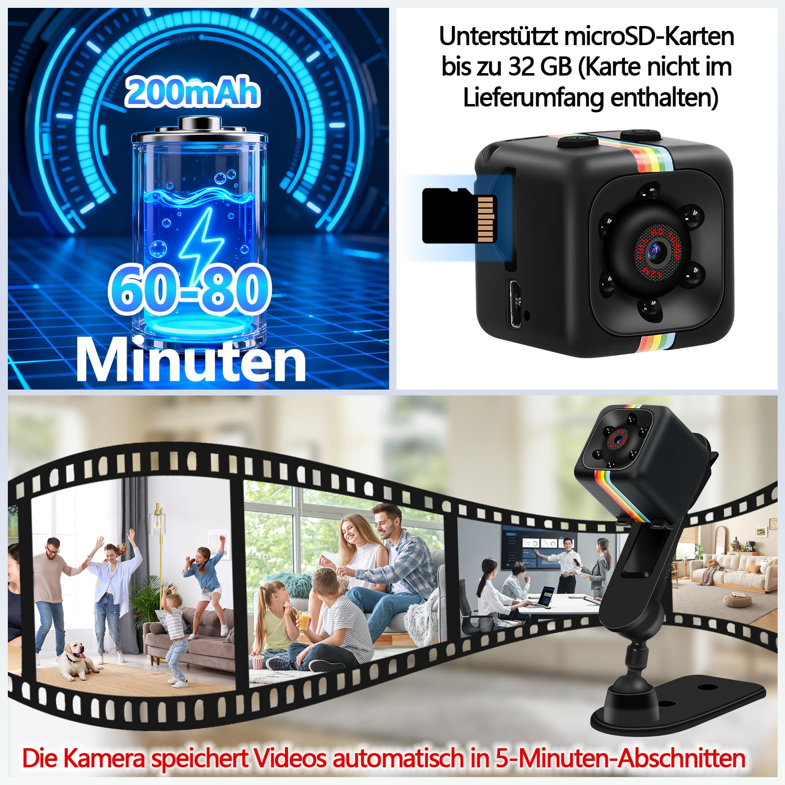 Mini Bodycam, Kleinste 2,2 cm 1080P & 720P HD Kleine Kamera, Hochwertige Nachtsicht Mini HD Kamera mit Bewegungserkennung, Loop-Aufnahme
