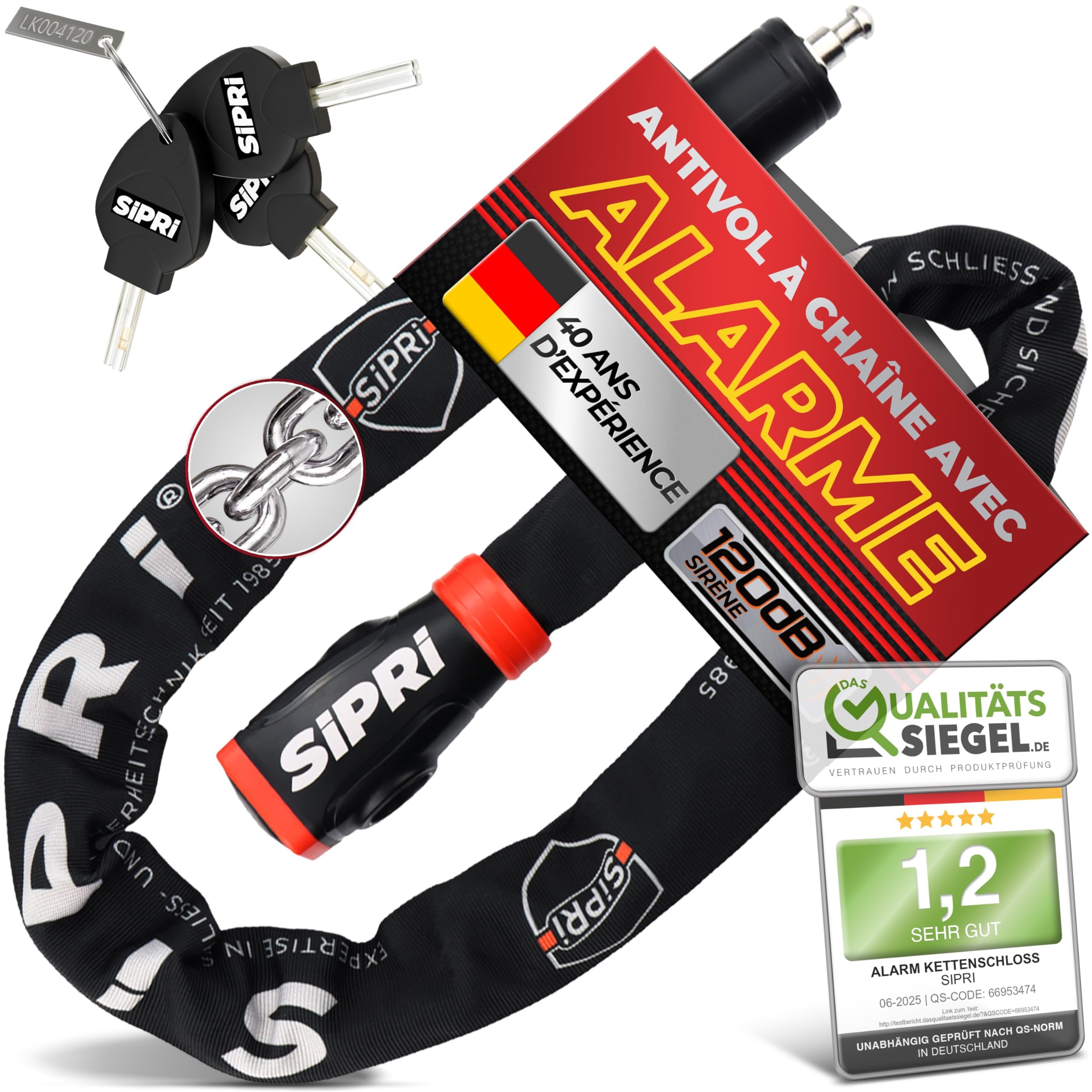 SIPRI Antivol pour vélo avec alarme 120 dB | Antivol à chaîne pour vélo | électrique, scooter électrique, moto, 8 mm en acier, résistant aux intempéries, robuste, durable, clé