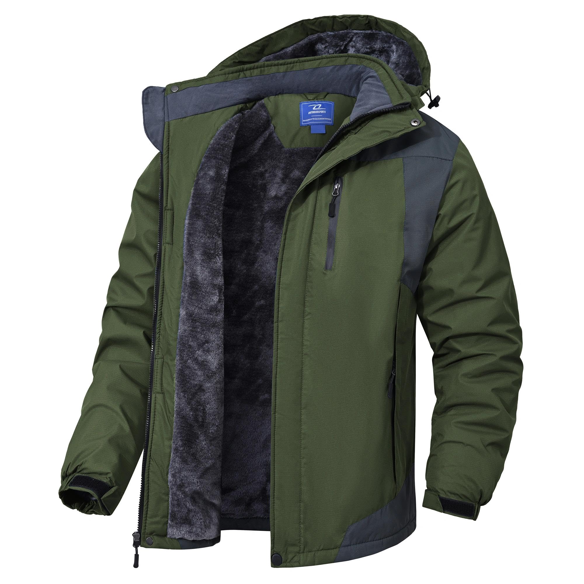 Warm Thermal Jacket Winter Windbreaker Detachable Hood Fleece Parka Mountain Coat For Men's UK Army Green-2XL